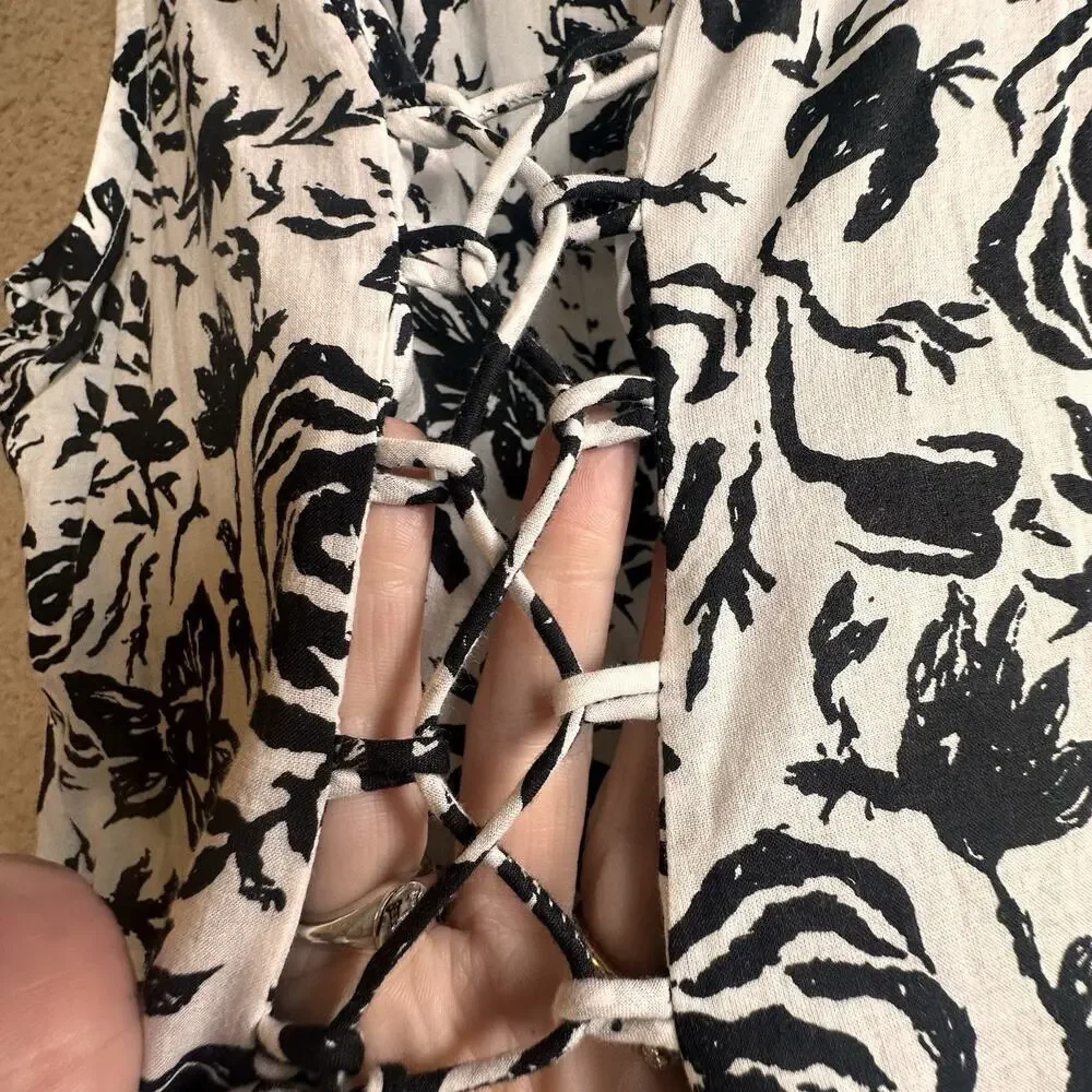 ModaPosa Womens XS Black White Floral Sleeveless Swing Dress Lace Up Back‎ Lined - Picture 9 of 16